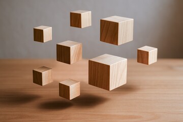 Poster - This symbolizes strategy and innovation with floating wooden cubes casting soft shadows representing business decision and growth concept