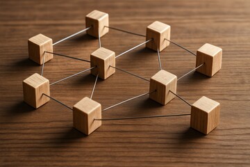 Poster - A network wooden cubes connected by metal rods represents strategic decision-making and efficient business growth through collaborative innovation