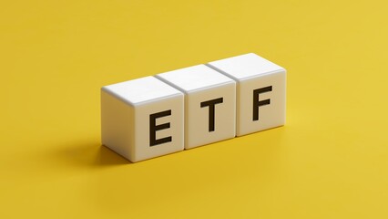 Poster - ETF - word concept on building blocks, text, letters.close up of wooden cubes,Business Concept.3D rendering on yellow background.