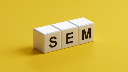 Fototapete - SEM symbol. Concept word SEM - search engine marketing on wooden cubes and blocks. Business and search engine marketing - SEM concept. Copy space.3D rendering on yellow background.