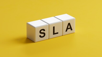 Poster - Three wooden cubes with letters SLA means Service Level Agreement.close up of wooden cubes,Business Concept.3D rendering on yellow background.