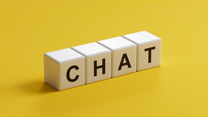 Poster - Chat.wooden cubes spelling.Flat lay view from above on wooden cubes buttons.IT technology concept.3D rendering on yellow background.