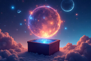 Wall Mural - magical storage chest with the lid open to expose a serene universe inside, featuring detailed celestial formations