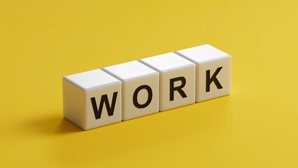 Fototapete - Word WORK. wooden cubes with letters isolated on a laptop keyboard.close up of wooden cubes,Business Concept.3D rendering on yellow background.