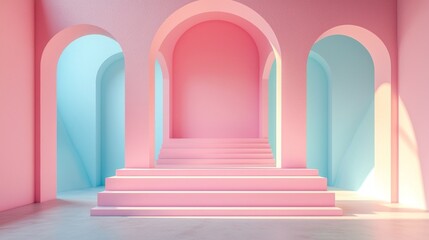 Poster - Soft pastel colors create an inviting atmosphere with arches and stairs. This trendy interior design features a harmonious blend of pink and blue shades, enhancing the aesthetic appeal