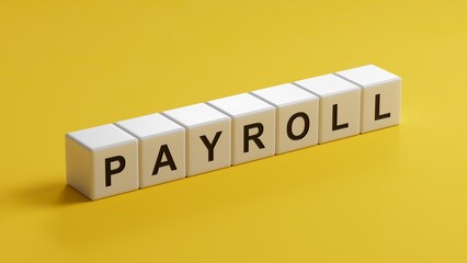 Poster - PAYROLL word on wooden cubes. Concept of investment and savings money. wooden cubes with letters.Business Concept.3D rendering on yellow background.