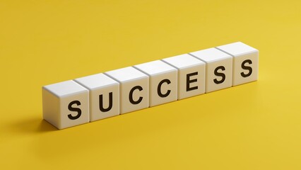 Poster - success.wooden cubes spelling.Flat lay view from above on yellow background with wooden cubes buttons.IT technology concept.3D rendering on yellow background.