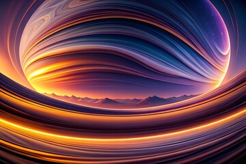 Poster - Abstract landscape with vibrant colors and flowing lines, depicting mountains under a surreal sky with a sense of motion and futuristic design