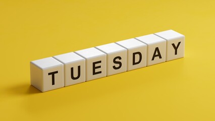 Poster - Tuesday.wooden cubes spelling.Flat lay view with wooden cubes buttons.IT technology concept.3D rendering on yellow background.
