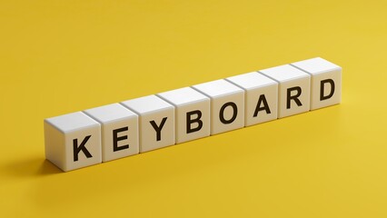 Poster - Keyboard.wooden cubes spelling.Flat lay view from above on yellow background with wooden cubes buttons.IT technology concept.3D rendering on yellow background.