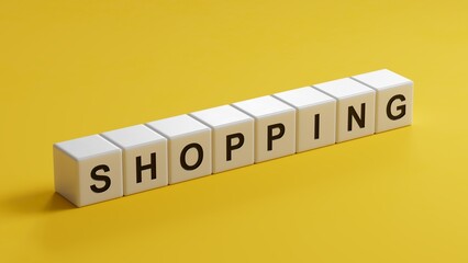 Poster - Shopping.3D illustration of wooden cubes.close up of wooden cubes,3D rendering on yellow background.