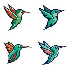 Poster - Illustration of four stylized hummingbirds in various poses with colorful wing details and outlines