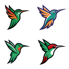 Poster - Four cartoon hummingbird illustrations with various wing colors in a square arrangement on white
