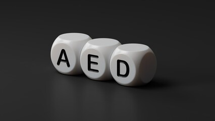 Poster - wooden dice with aed business word.close up of wooden dice,Business Concept.3D rendering on black background.