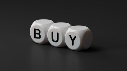 Poster - Buy. wooden dice form the word Buy. The concept of the word Buy.3D rendering on black background.