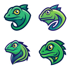 Poster - Four green lizard heads with different designs and styles on a white background in cartoon vector art