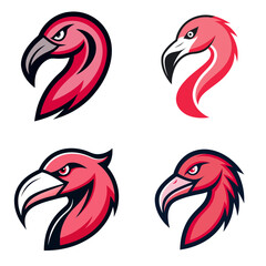 Poster - Illustration of four flamingo head designs with varying styles and color palettes displayed on white