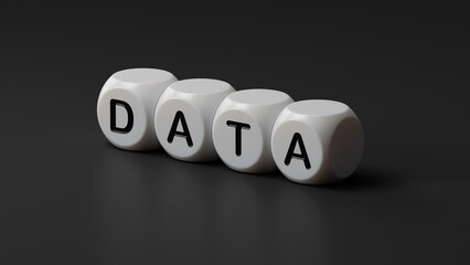 Poster - data.wooden dice spelling.Flat lay view from above on wooden dice buttons.IT technology concept.3D rendering on black background.