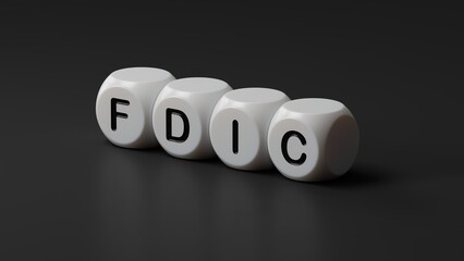 Poster - fdic word written on wooden dice with copy space.close up of wooden dice,Business Concept.3D rendering on black background.