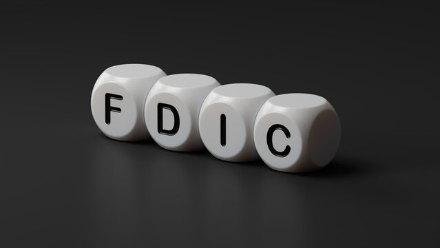 fdic word written on wooden dice with copy space.close up of wooden dice,Business Concept.3D rendering on black background.