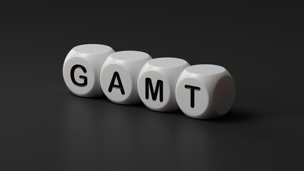 Poster - wooden dice with the word gamt. Care concept.close up of wooden dice,Business Concept.3D rendering on black background.