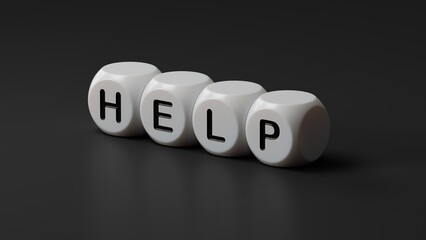 Poster - help.wooden dice spelling.Flat lay view from above on wooden dice buttons.IT technology concept.3D rendering on black background.
