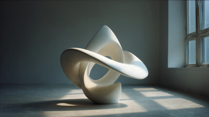 Poster - Abstract modern sculpture with flowing curves and smooth surface in a minimalist indoor setting illuminated by natural light from a large window
