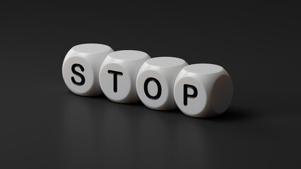 Poster - STOP.3D illustration of wooden dice.close up of wooden dice,3D rendering on black background.