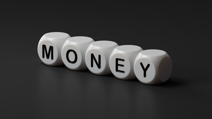 Poster - money.wooden dice spelling.Flat lay view from above on black background with wooden dice buttons.IT technology concept.3D rendering on black background.