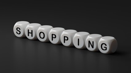 Poster - Shopping.3D illustration of wooden dice.close up of wooden dice,3D rendering on black background.