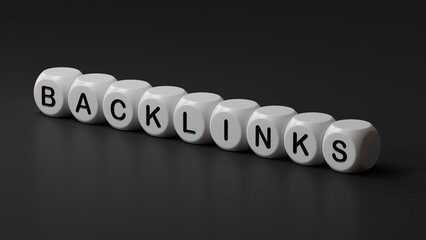 Poster - Backlinks - conceptual text with wooden dice.3D rendering on black background.