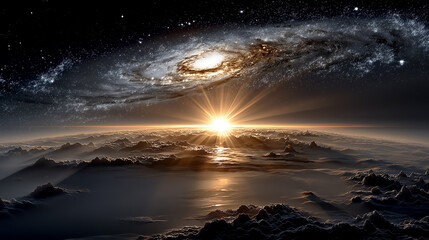 Wall Mural - celestial dawn: capturing the awe-inspiring moment when a star emerges over the horizon, bathing the