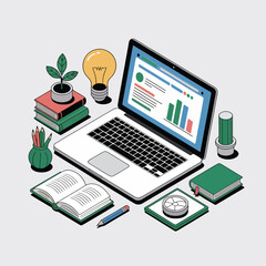 Poster - Isometric view of a laptop displaying a graph, surrounded by books, a lightbulb, a plant, and stationery on a desk, representing business, education, and creativity.