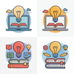 Poster - Conceptual illustration of online education and learning with light bulbs, books, laptops, and other icons representing knowledge, ideas, and digital technology