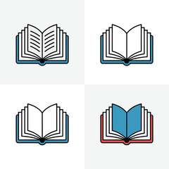 Poster - Four open book icons isolated on white background, representing reading, education, and knowledge in a simple, graphic style for library, school, or learning concepts