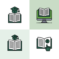 Poster - Illustrations depicting education and learning concepts with books, graduation caps, computer screens, and hand gestures isolated on white background.