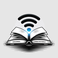 Fototapete - Open book with wifi symbol representing open minds and a connected world, symbolizing knowledge, education, and the power of internet connectivity