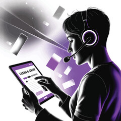 Poster - Woman with headphones using a tablet for online learning and growth, showcasing modern technology and digital communication, isolated on white background.