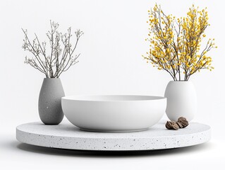 Poster - White Bowl and Vases with Dried and Yellow Flowers on a Round Tray