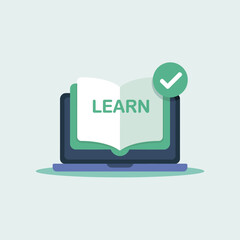 Fototapete - Online learning concept with laptop, open book displaying the word 'learn', and a green checkmark indicating successful completion of a course or task