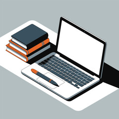 Poster - Laptop with books and pen on a desk, showcasing a modern and minimalist design for education, work, or digital communication, rendered in isometric style.