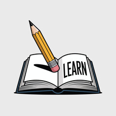 Poster - Illustration of an open book with the word learn on the pages and a pencil resting on it, isolated on a white background.