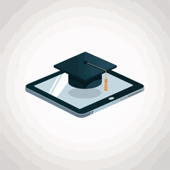 Poster - Graduation cap on a tablet isolated on white background representing online education, digital learning, and academic achievement in a modern technological world
