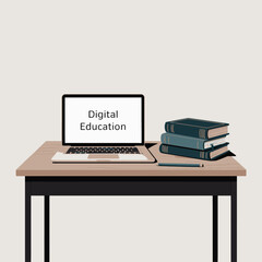 Poster - Laptop displaying digital education with books and pencil on a desk isolated on white background