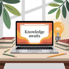 Poster - Laptop with 'knowledge awaits' message on screen, surrounded by books, pencils, and a light bulb, creating a study or work from home scene.
