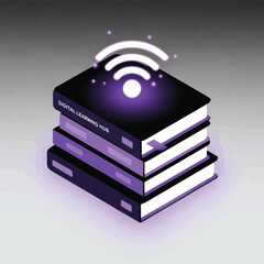 Poster - Stack of books with wifi symbol representing a digital learning hub, illustrating online education, knowledge, and internet connectivity.