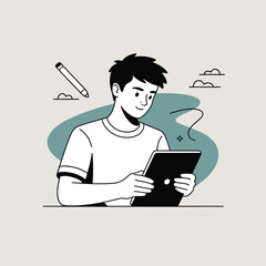 Poster - Young man using a tablet for drawing, featuring a pencil, cloud design, and modern digital art, showcasing creativity and technology in a simple, flat style illustration.