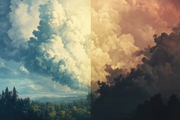 Poster - Transformation of clouds from light to dark over a tranquil landscape at sunset, change from light to dark clouds