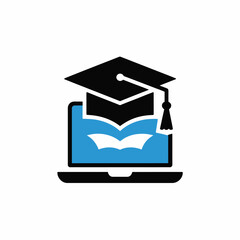 Poster - Graduation cap and book on laptop isolated on white background representing online education, learning, and academic achievement in a modern, digital age