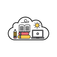 Poster - Online education concept with books, laptop, and pencil inside a cloud, isolated on white background, representing digital learning and knowledge sharing